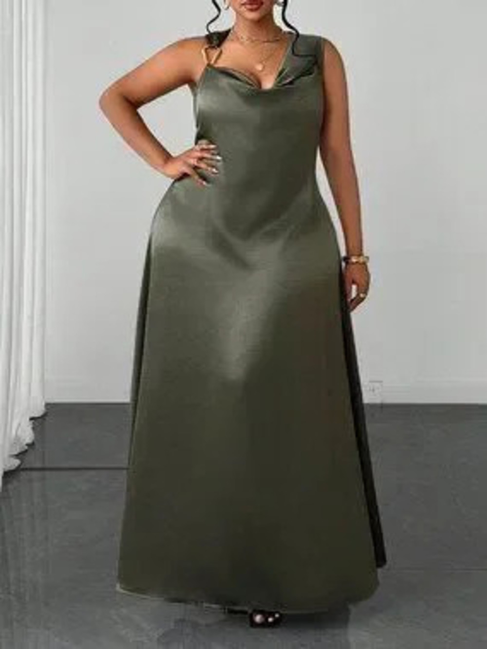 Olive Green Elegant Women's Plus Size Cowl Neck Sleeveless Dress - Picture 2 of 7